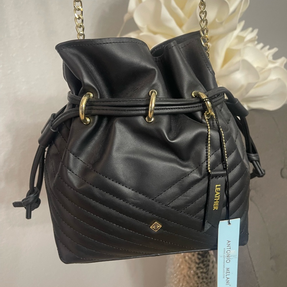 Antonio Melani Black Leather Drawstring Bag